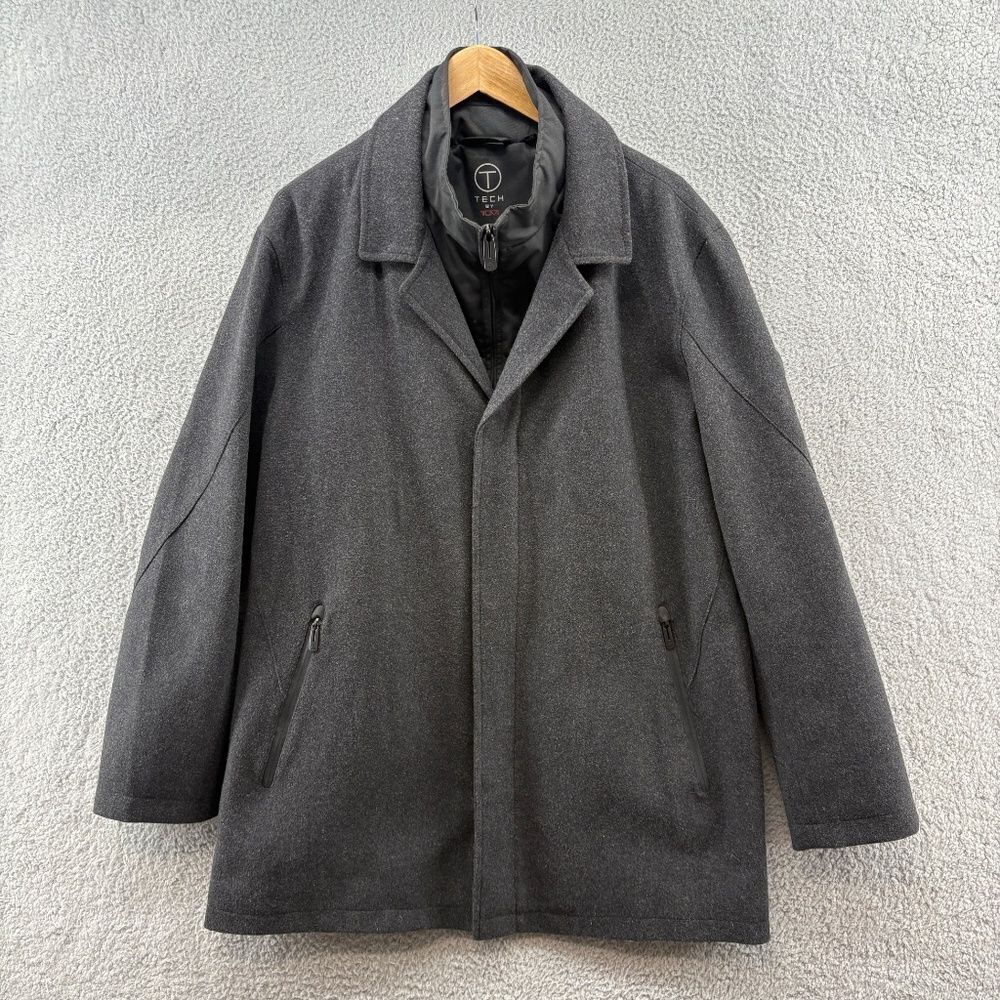 TUMI Tech Men’s Charcoal Wool Blend Coat Jacket XL – Quilted Lining, Zip Pockets
